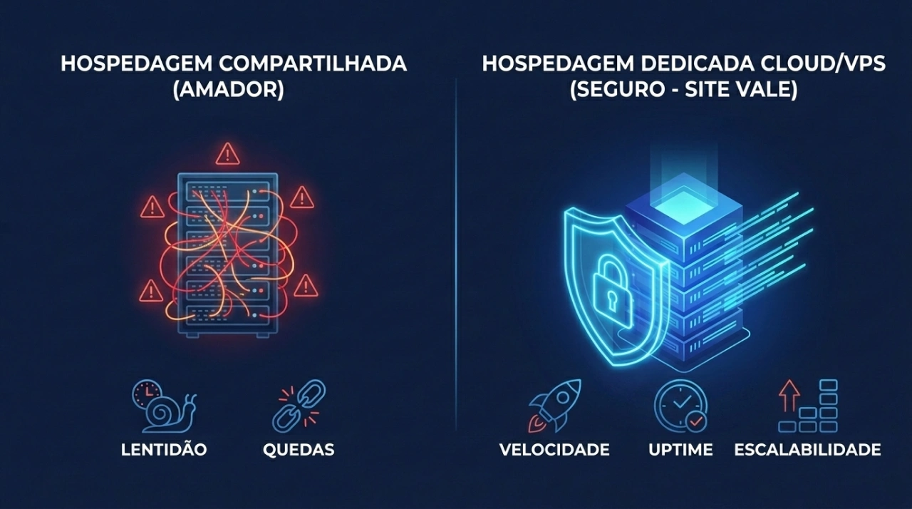 Diagrama comparativo entre servidores compartilhados amadores e hospedagem segura de sites com infraestrutura Cloud dedicada - Hospedagem e Segurança de Sites em São José dos Campos