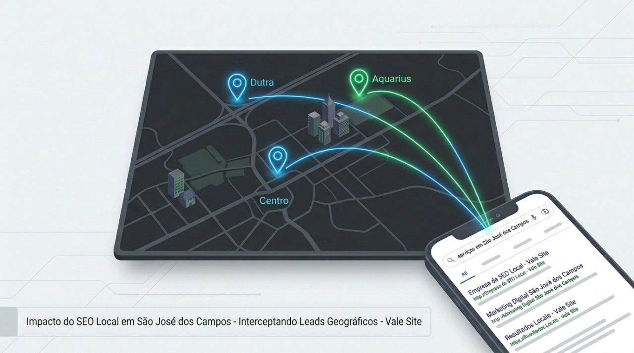 Infográfico demonstrando o impacto do SEO Local SJC e a interceptação de leads geográficos em São José dos Campos - Vale Site.